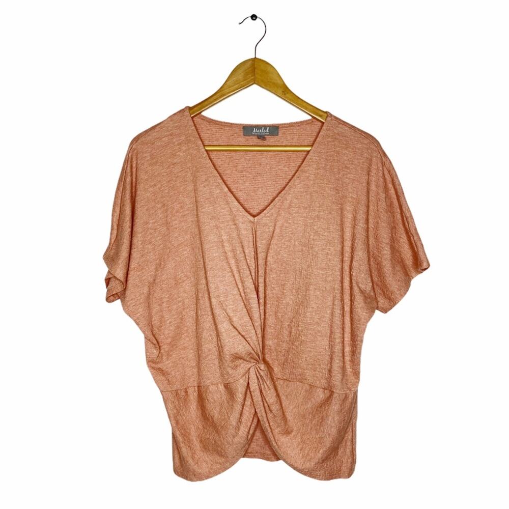 MARLED Peach Salmon Twist Front Dolman Summer Textured Cotton Blend Tee - Picture 3 of 9